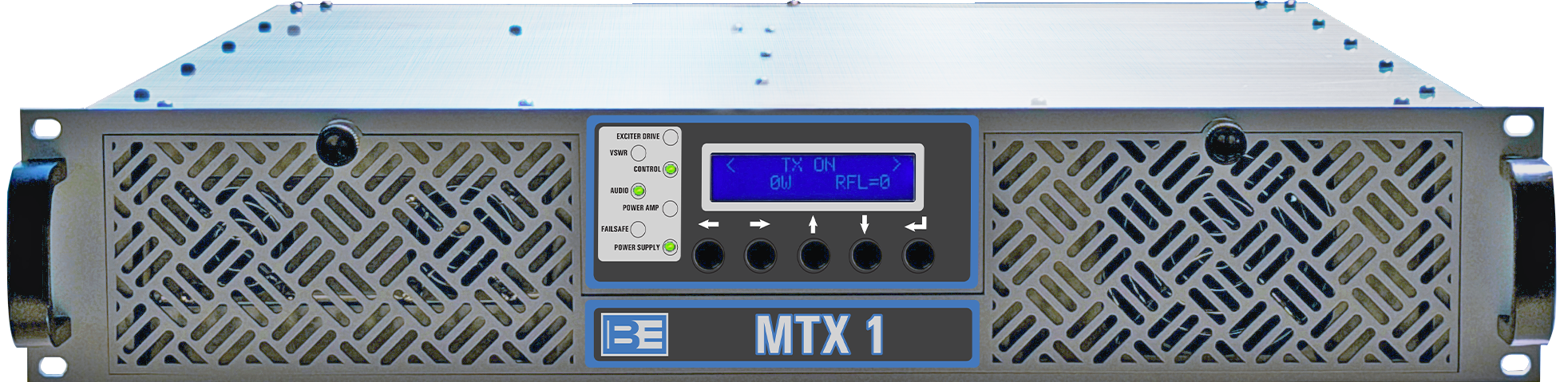 MTX-AdjustedColor-NewLabel-LightsFront Broadcast Electronics MTX 1 FM transmitter with front-panel display and controls.